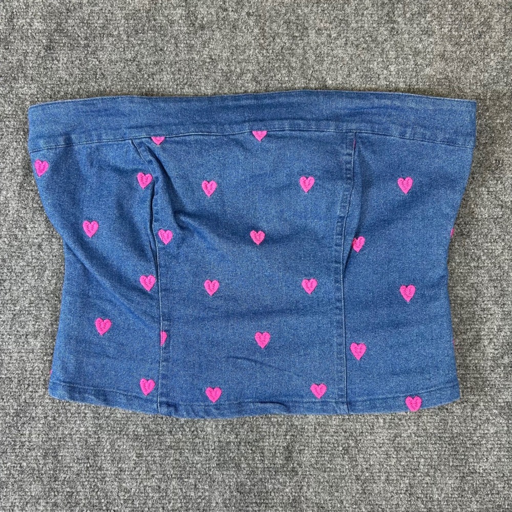 Jolie & Joy Jeans Pink Heart Embroidered Denim Tube Top Medium Wash Blue Large